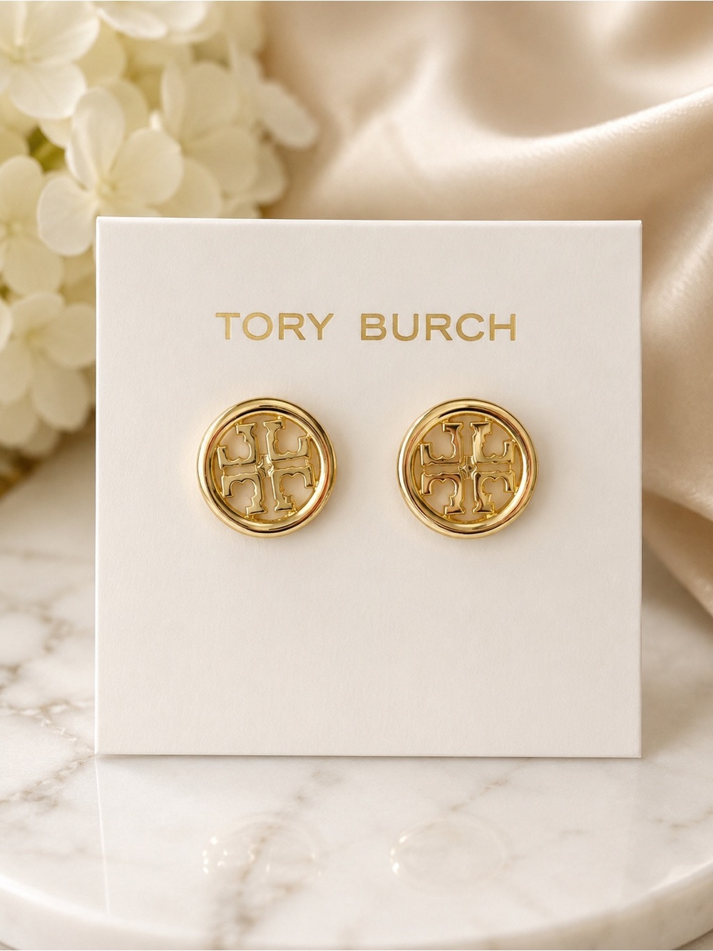 Tory Burch Gold-Tone Round Logo Stud Earrings